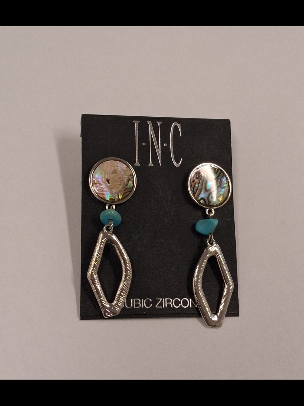 INC International Concepts Abalone Top Turquoise Bead Silver Drop clip Earrings